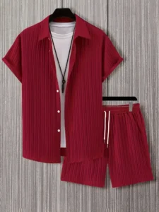 Crimson Wave Crinkle Co-Ord Set (Red) (Shirt + Shorts)
