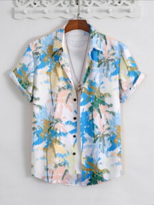 Sunset Palm Paradise Shirt (Blue–Peach Palm Print)