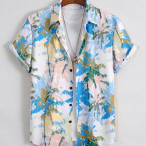 Sunset Palm Paradise Shirt (Blue–Peach Palm Print)