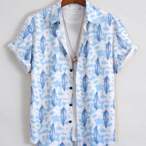 Sky Feather Printed Shirt (Feather Pattern – Blue & White)