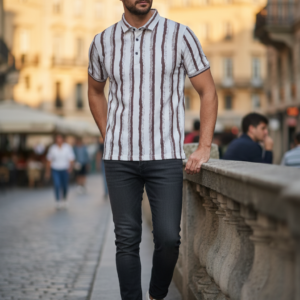 Mocha Drift Stripe Polo (Brown–White Stripes)