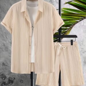 Cream Breeze Crinkle Co-Ord Set (Shirt + Shorts)