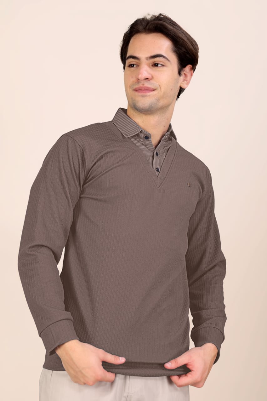 Mocha Textured Long-Sleeve Polo (Brown)