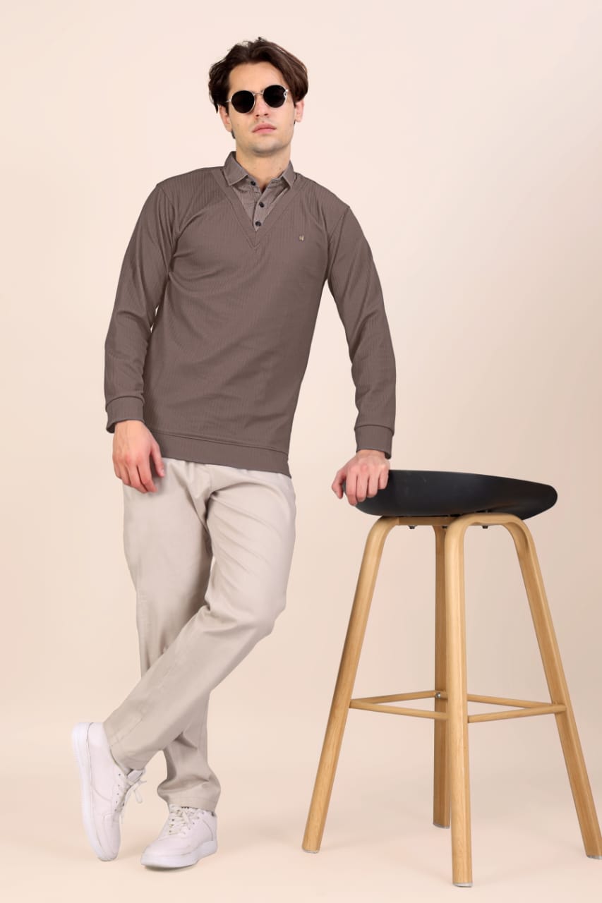 Mocha Textured Long-Sleeve Polo (Brown) - Image 3