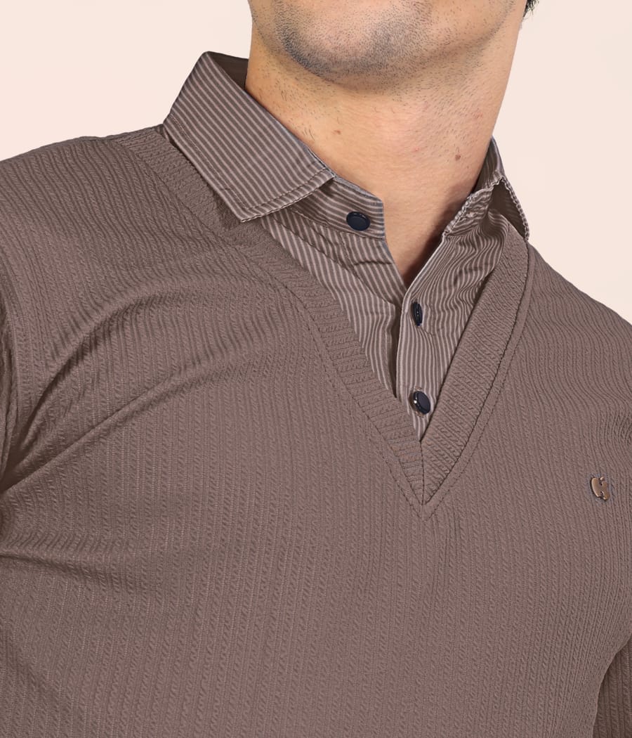 Mocha Textured Long-Sleeve Polo (Brown) - Image 2